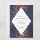 ティール(緑がかった色)とブルゴーニュヴィンテージグラムフェイクフォイル結婚ズ 招待状 (正面)