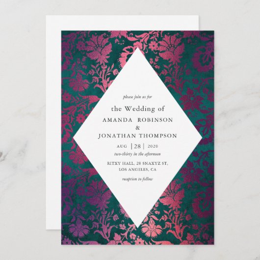 ティール(緑がかった色)とブルゴーニュヴィンテージグラムフェイクフォイル結婚ズ 招待状 (正面/裏面)