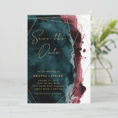 ティール(緑がかった色)とブルゴーニュ水の色の保存日付 招待状 (スタンド正面)