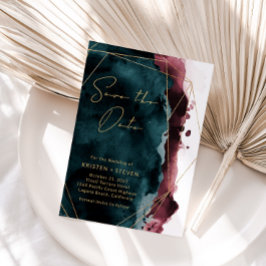 ティール（緑がかった色）とブルゴーニュ水の色の保存日付 招待状