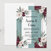 ティール（緑がかった色）とブルゴーニュ結婚式招待状 招待状 (正面/裏面)