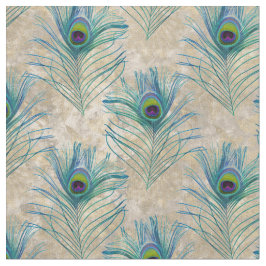 ティール（緑がかった色）とブルーピーコックの羽がクリームに ファブリック