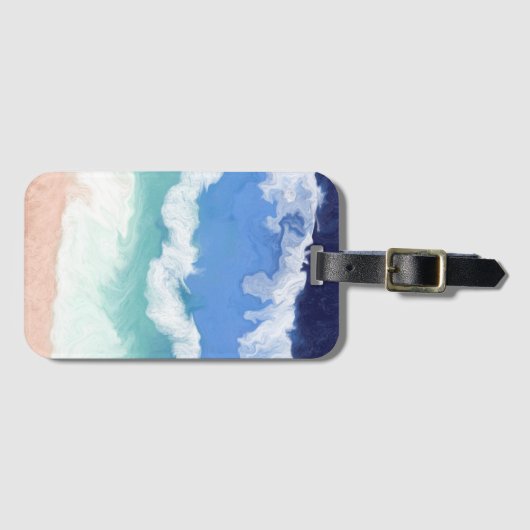 ティール（緑がかった色）とブルー海ウェーブデジタルアート ラゲッジタグ (正面横)