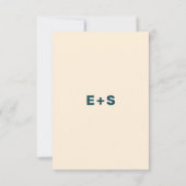 ティール（緑がかった色）とベージュウェスアンダーソンインスパイア詳細カード 招待状 (裏面)