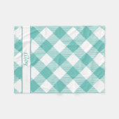 ティール(緑がかった色)とホワイトギンガムプレイドパーソナライズされた フリースブランケット (正面(横))
