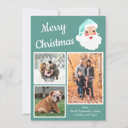ティール（緑がかった色）とホワイトサンタクロース写真コラージクリスマス シーズンカード (正面)
