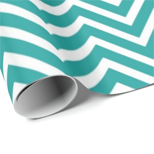 ティール（緑がかった色）とホワイトシェブロンのジグザグの幸せな休日 ラッピングペーパー (ロールコーナー)