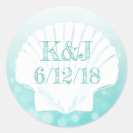 ティール（緑がかった色）とホワイトシーシェルシーサイド結婚式用シール ラウンドシール