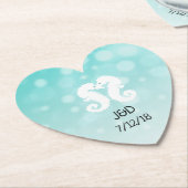 ティール（緑がかった色）とホワイトシー結婚ホースのハートコースター ペーパーコースター (アングル)