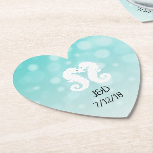 ティール（緑がかった色）とホワイトシー結婚ホースのハートコースター ペーパーコースター (アングル)