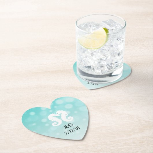 ティール（緑がかった色）とホワイトシー結婚ホースのハートコースター ペーパーコースター (インサイチュ)