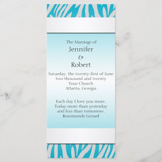 ティール(緑がかった色)とホワイトゼブラダイヤモンド結婚式 プログラム (正面)