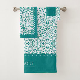 ティール（緑がかった色）とホワイトダマスクのパターン、鱗状縁ど バスタオルセット