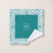 ティール(緑がかった色)とホワイトダマスクのパターン、鱗状縁ど バスタオルセット (ウォッシュタオル)