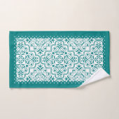 ティール(緑がかった色)とホワイトダマスクのパターン、鱗状縁ど バスタオルセット (ハンドタオル)