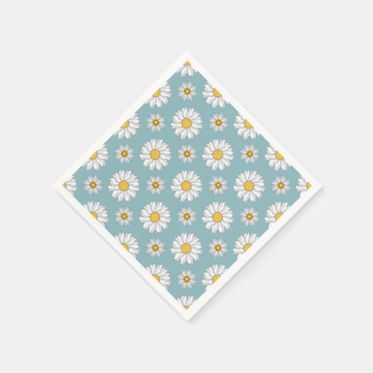 ティール（緑がかった色）とホワイトデイジーフローラルパターン紙ナプキンス スタンダードカクテルナプキン (角)