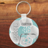 ティール(緑がかった色)とホワイトパーソナライズサッカー⚽💖 キーホルダー (正面)