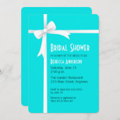 ティール(緑がかった色)とホワイトリボン&ボウブライダルシャワー 招待状 (正面/裏面)