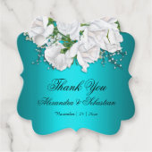 ティール（緑がかった色）とホワイトローズエレガントな結婚式 フェイバータグ (正面)