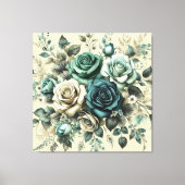ティール（緑がかった色）とホワイトローズ キャンバスプリント (正面)