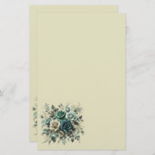 ティール（緑がかった色）とホワイトローズ 便箋 (正面/裏面)