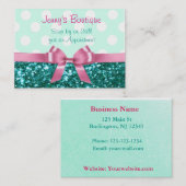 ティール（緑がかった色）とホワイト水玉模様とピンクボウ&グリッター 名刺 (正面/裏面)