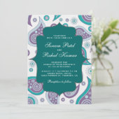 ティール(緑がかった色)とマウヴペイズリーパターンインディアン結婚の 招待状 (スタンド正面)