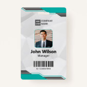 ティール(緑がかった色)とモダンシルバーID、写真とバーコード バッジ (正面)