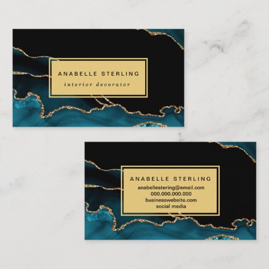 ティール（緑がかった色）とモダン金ゴールドの大理石デザイン、カスタマイズ可能 名刺 (正面/裏面)