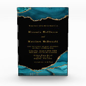 ティール(緑がかった色)とモダン金ゴールドアガテストーンウェディング招待 フォトブロック (正面)