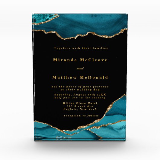 ティール(緑がかった色)とモダン金ゴールドアガテストーンウェディング招待 フォトブロック (正面)