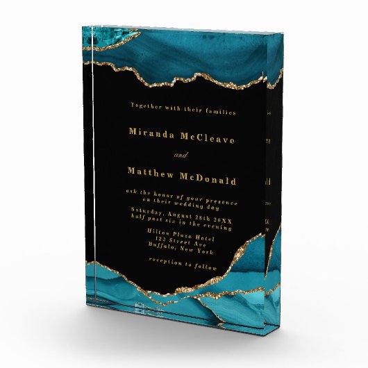 ティール(緑がかった色)とモダン金ゴールドアガテストーンウェディング招待 フォトブロック (右)