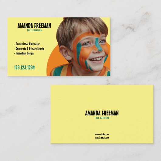 ティール(緑がかった色)とユニークイエローアーティスト顔画家 名刺 (正面/裏面)