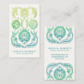 ティール(緑がかった色)とライムグリーンウォーターカラーボホフローラ 名刺 (正面/裏面)