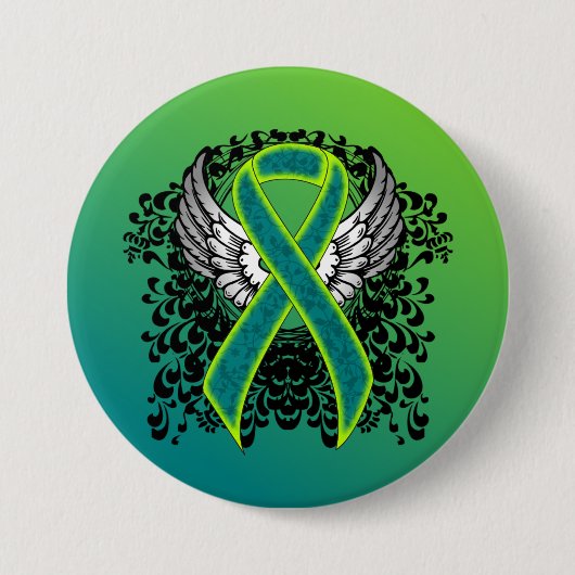 ティール（緑がかった色）とライムグリーンリボンとウィング 缶バッジ (正面)