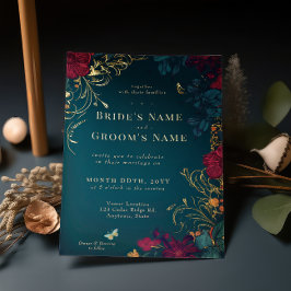 ティール(緑がかった色)とレッドジュエルトーンフローラフォイル招待状 箔招待状