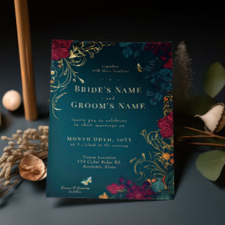 ティール(緑がかった色)とレッドジュエルトーンフローラフォイル招待状 箔招待状