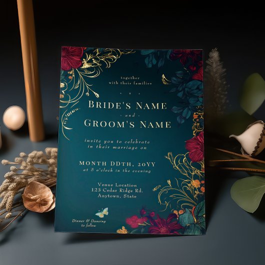 ティール（緑がかった色）とレッドジュエルトーンフローラフォイル招待状 箔招待状