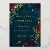 ティール(緑がかった色)とレッドジュエルトーンフローラフォイル招待状 箔招待状 (正面)