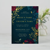 ティール（緑がかった色）とレッドジュエルトーンフローラフォイル招待状 箔招待状 (立ち正面)