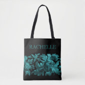 ティール(緑がかった色)と名絵を描前の黒いバ縁どローク トートバッグ (正面)