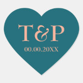 ティール（緑がかった色）と桃の結婚ハートシールの好意シール ハートシール (正面)