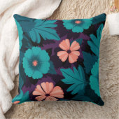 ティール(緑がかった色)と桃の花の模様を紫色の背景 クッション (ブランケット)