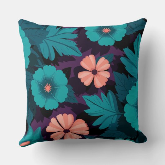 ティール(緑がかった色)と桃の花の模様を紫色の背景 クッション (裏面)