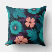ティール(緑がかった色)と桃の花の模様を紫色の背景 クッション (正面)