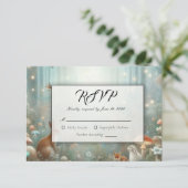 ティール（緑がかった色）と桃の魅惑の森結婚の 出欠カード (スタンド正面)