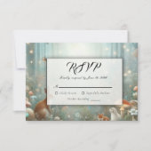 ティール（緑がかった色）と桃の魅惑の森結婚の 出欠カード (正面)