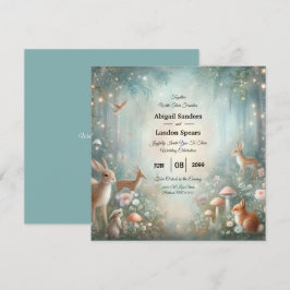 ティール(緑がかった色)と桃の魅惑の森結婚の 招待状