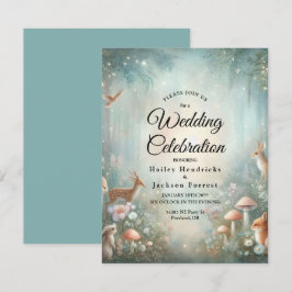 ティール(緑がかった色)と桃の魅惑の森結婚の 招待状