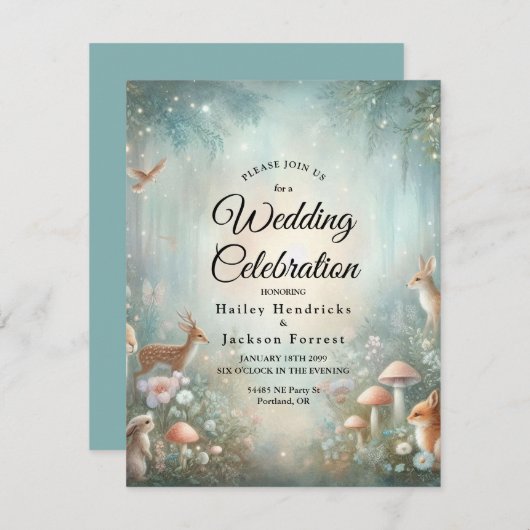 ティール（緑がかった色）と桃の魅惑の森結婚の 招待状 (正面/裏面)